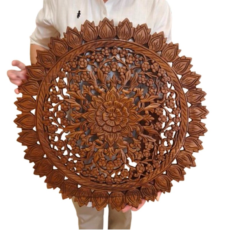 24" Teak Wood Wall Art Radiant Lotus Petal Mandala Polished Dark Brown Plaque