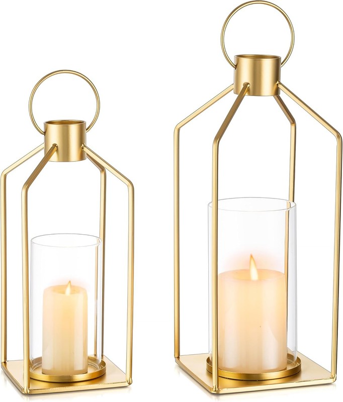 Gold Lanterns Decorative Indoor: Set of 2 Lanterns with Glass for Table Cente…