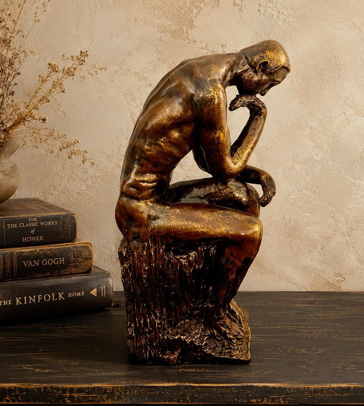 Bronze Finish Seated Thinker Man Figurine Resin Abstract Sculpture Freestanding