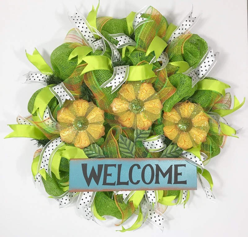 SUMMER WREATH GREEN DECO MESH YELLOW DAISY FLOWERS METAL WELCOME SIGN RIBBONS gallery