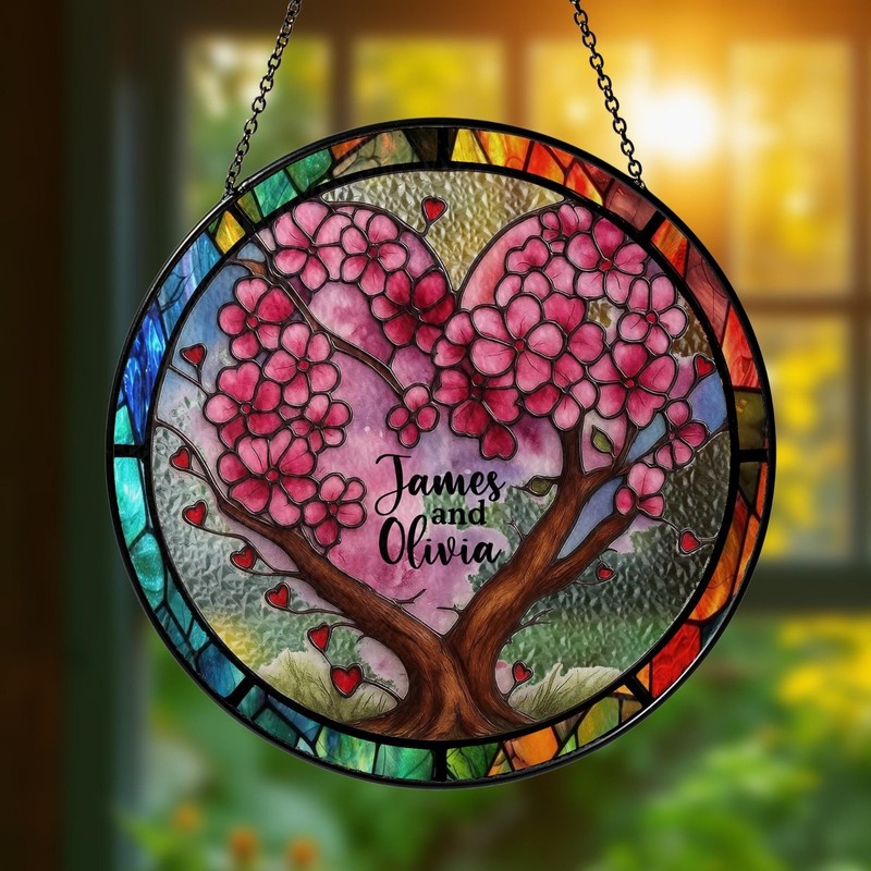 Personalized Couple Tree Heart Stained Glass Suncatcher, Custom Name Window gallery