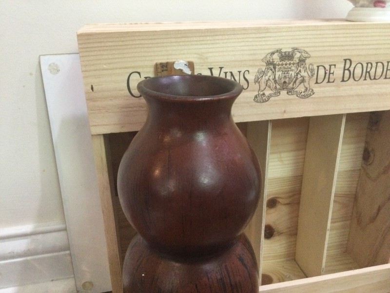 Ceramic Gourd neck potter vase brown woody glaze 12" tall some paint chips bas gallery