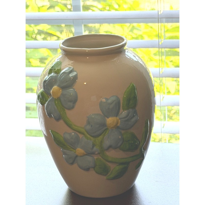 Vintage Hand Painted Blue Floral Relief Ceramic Vase Cream 7.5″ Cottagecore