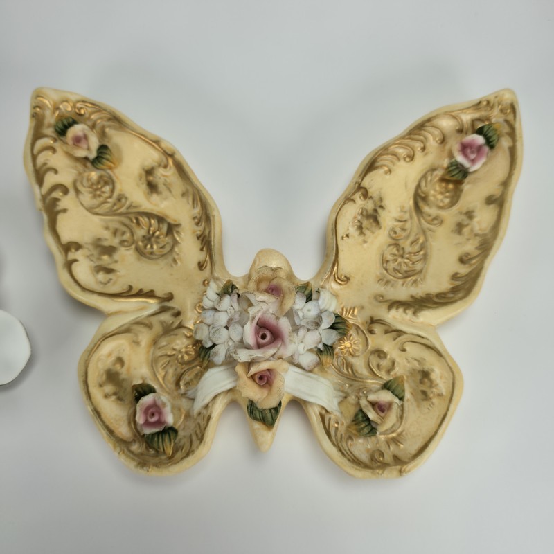 Ceramic Yellow Gold Pink White Green Butterfly Candy Or Trinket Dish + Flower gallery