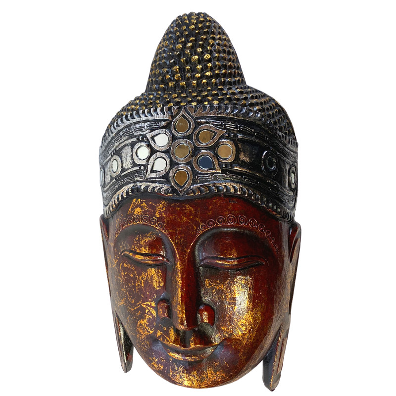 Sublime Buddha Mask Wall sculpture Hand Carved Wood Balinese art Handmade Red gallery