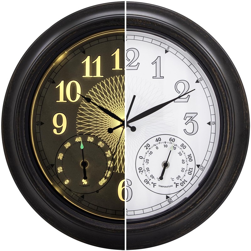 18 Inch Illuminated Indoor Outdoor Clock Waterproof with Thermometer Hygromet…