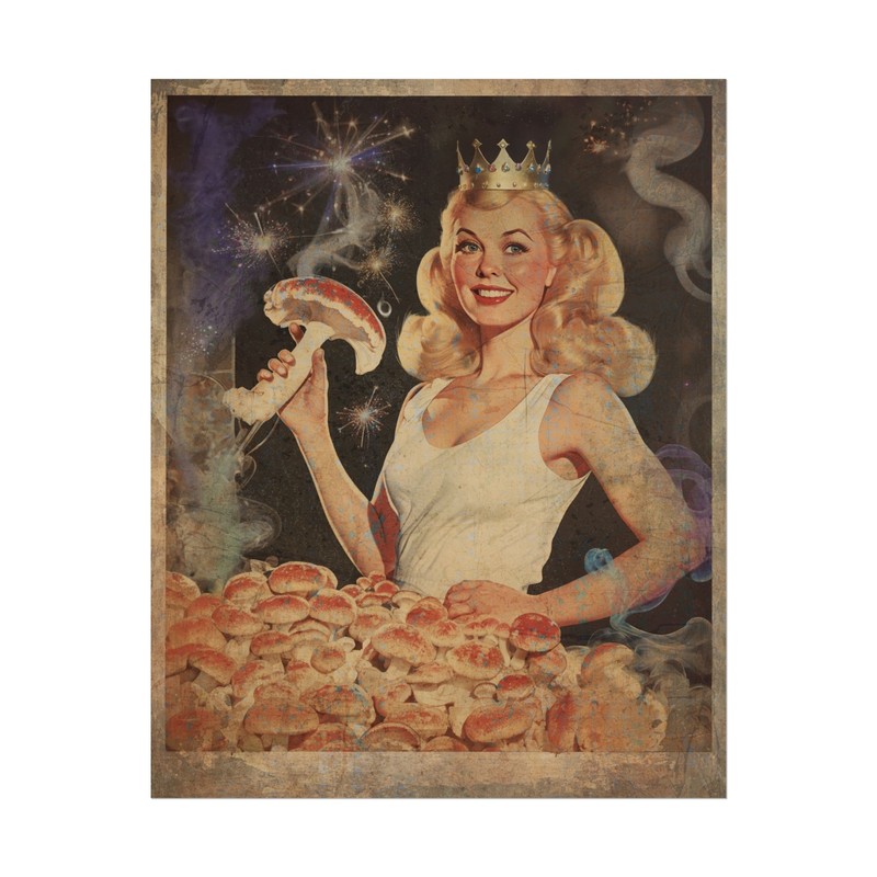 Vintage SHROOM QUEEN Wall Art, Magic Mushroom Princess Poster, Psilocybin Decor
