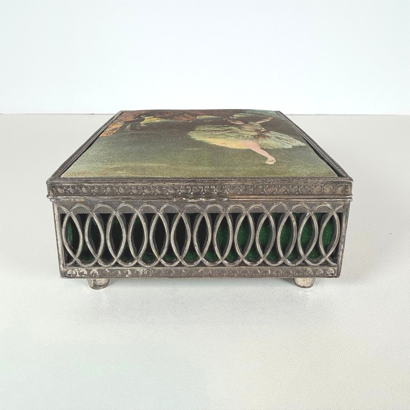 Trinket Box with Ballerina Ornate Silver Tone w/ Hinged Lid jewel tone green