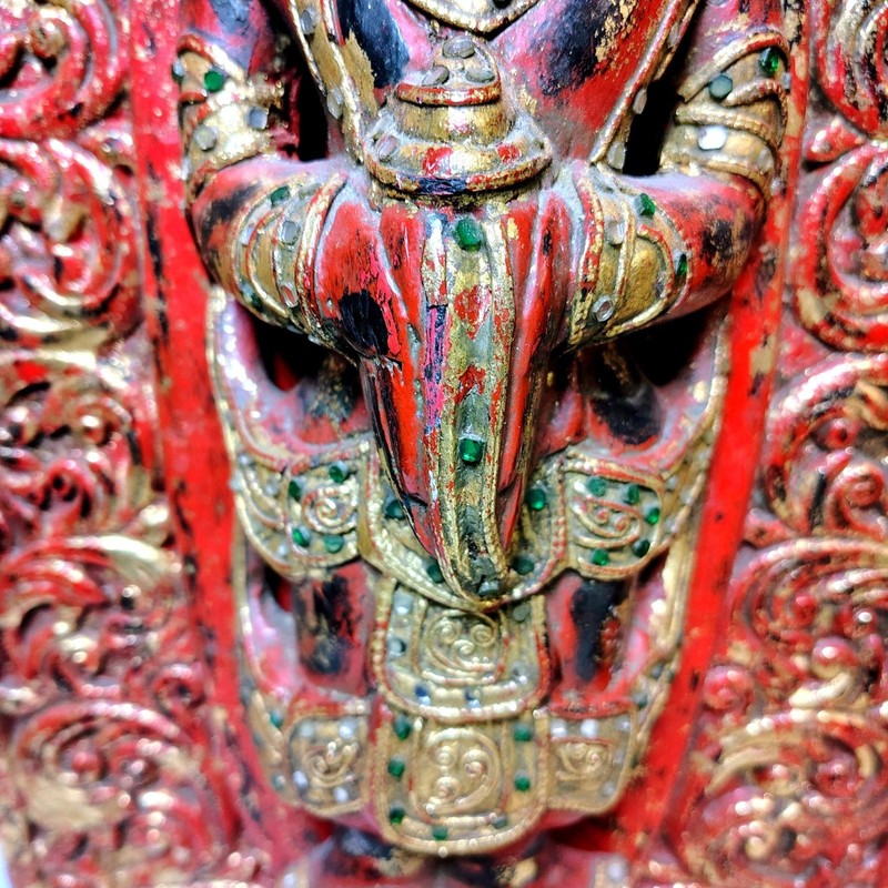 Vintage Thai Burmese Hand Carved Wood Buddha Wall Panels Set of 2 Red Gold 24x12 gallery