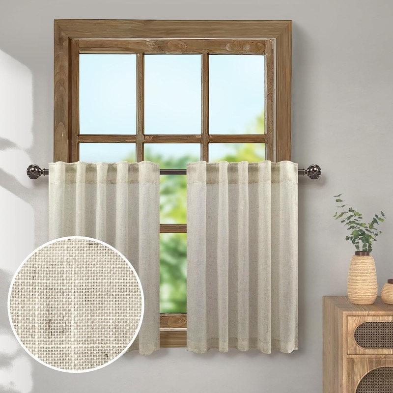 Half Curtains for Windows 36in Long Flax Linen Kitchen Tiers 2 Panels Back Tab