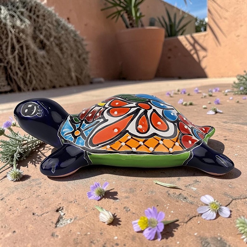 Blue Talavera Style Turtle Figurine 9.5" Mexican Ceramic Folk Art Decor gallery