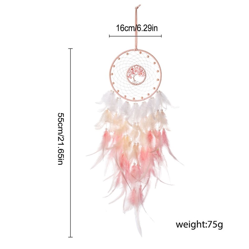 Pink Tree of Life Dream Catcher Natural Feathers Handcrafted Wall Hanging