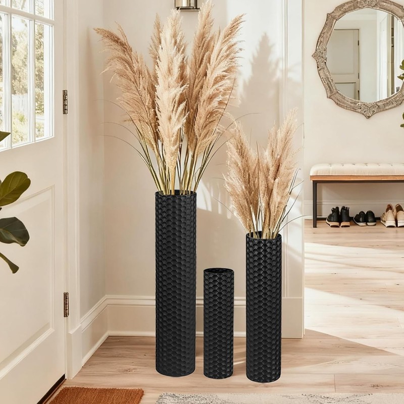 Black Tall Floor Vase – Set of 3 Extra Large Metal Decorative Vases for Living R