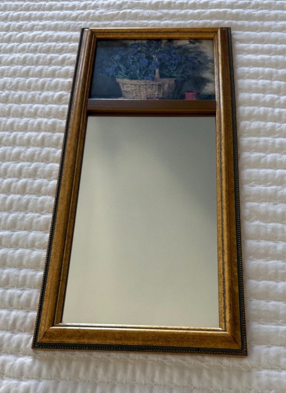 Vintage Framed Mirror & Print of Blue Flowers in a Basket!….8 1/2 X 18 1/2
