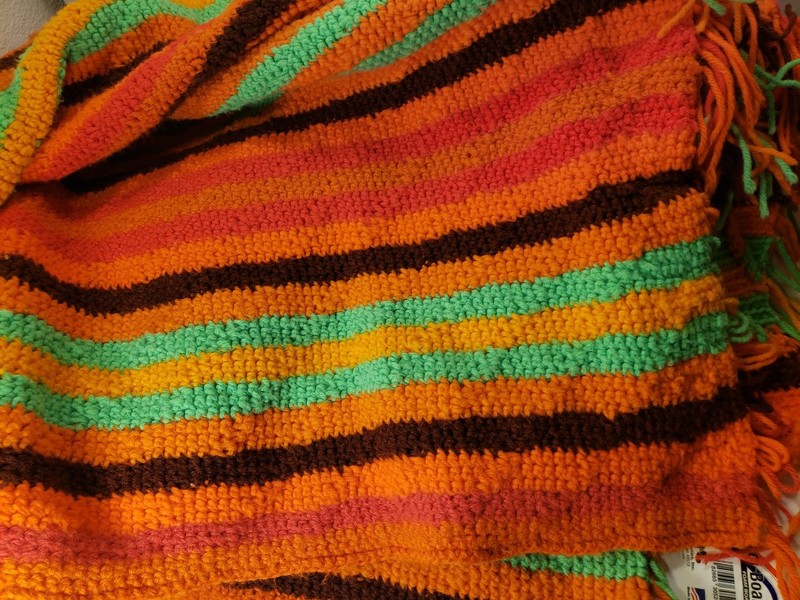 VTG 60s 70s Retro Groovy Knit Zigzag Afghan Bed/Couch Runner Fringe Neon 82x58 gallery
