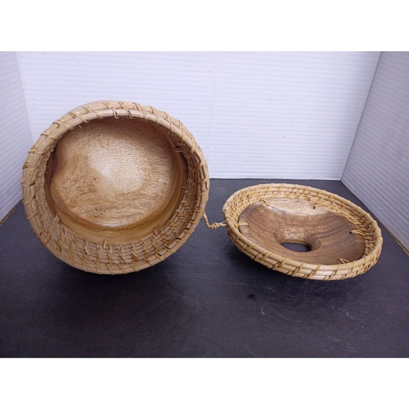 Vintage Indonesian Natural Carved Wood and Rattan Basket Tissue Dispenser gallery
