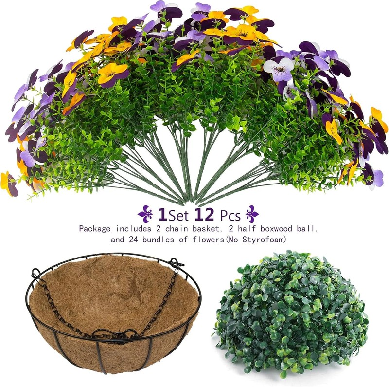 2 Set Artificial Outdoor Pansy Flowers with Hanging Baskets, 2 Hanging Baskets w gallery