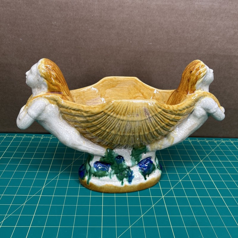 VTG Double Mermaid Shell Decorative Large Bowl- 11” H, 16” L, 6” W Centerpiece