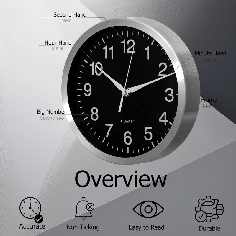 8in Round Quartz Wall Clock NonTicking Battery Operated with Silent Sweep Mov... gallery