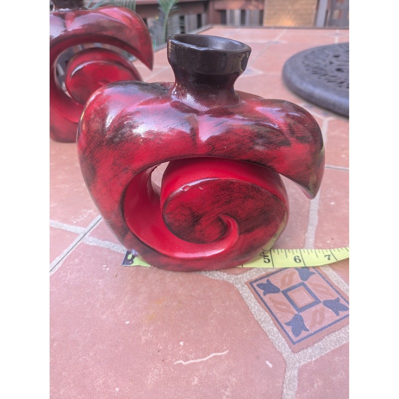Abstract Spiral Ceramic Vase Red Black Modern Sculptural Art Pottery Decor 7in gallery