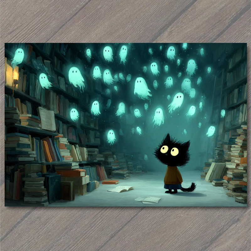 Art Print Cat Library Ghosts Books Floating Spirits Cute Spooky Whimsical Magic