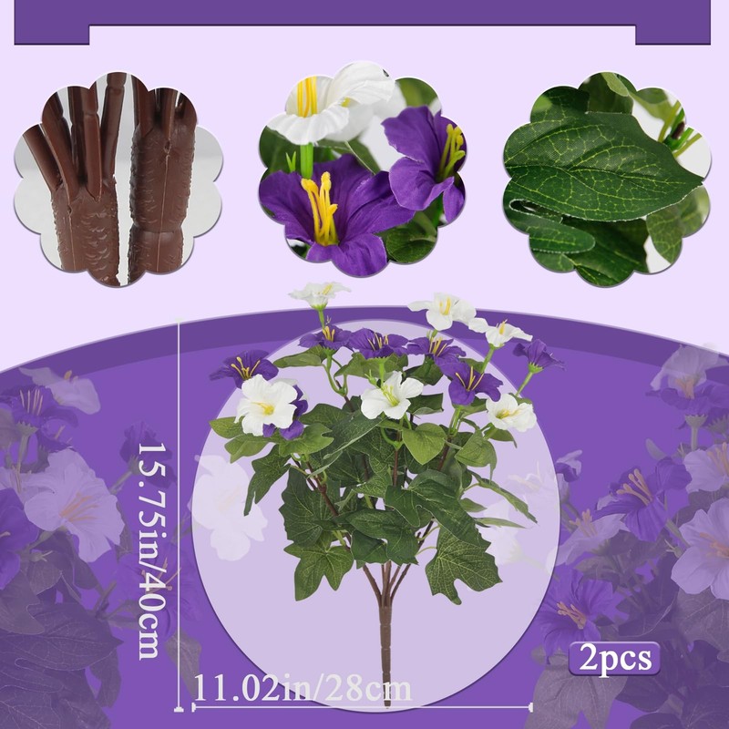 2 Pcs Artificial Flowers for Outdoors Fake Petunias Plants Outside Purple and... gallery