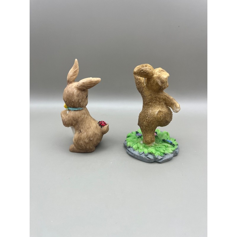 Vtg Style Resin Bunny Rabbit Figurines Ladybug Wildflower Set of 2 Decor 3.5" gallery