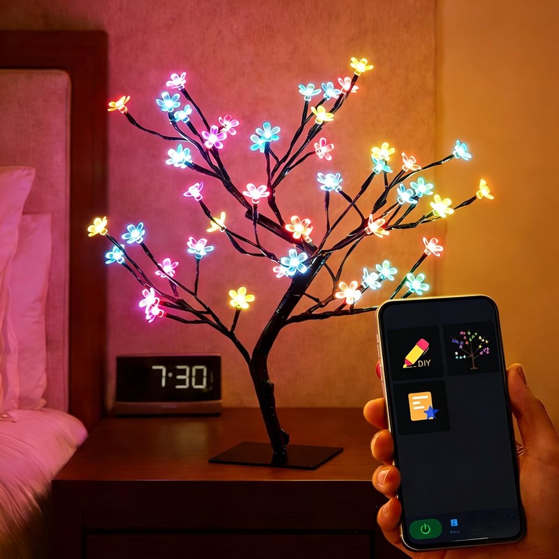 Smart RGB LED Cherry Blossom Tree Lamp, 16 Inch USB Lighted Bonsai for Desk, …