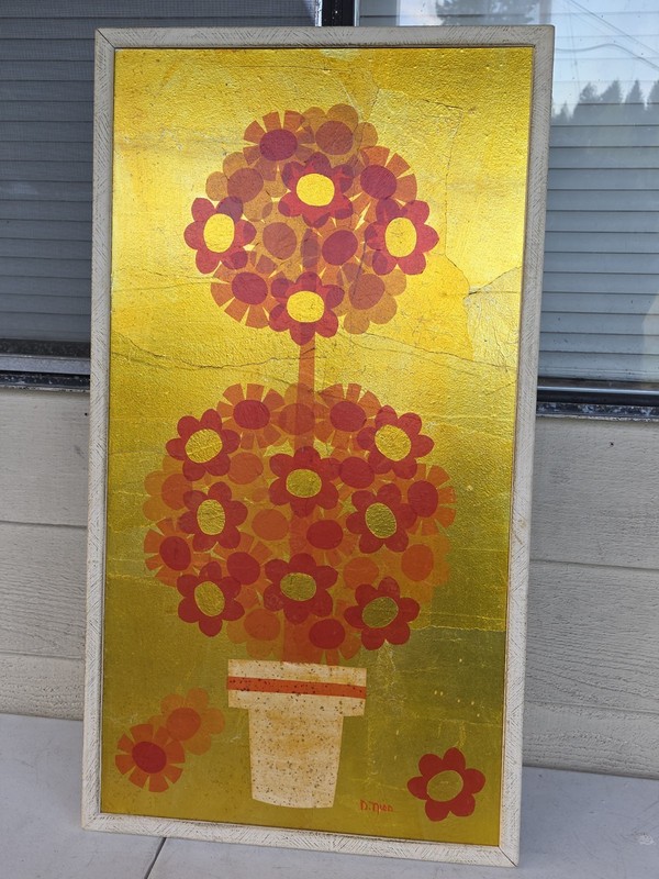 Vintage 70s Gold Orange & Red Floral Wall Art Retro