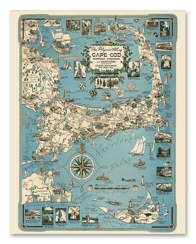 Cape Cod Martha’s Vineyard Nantucket Vintage Illustrated Coastal Map