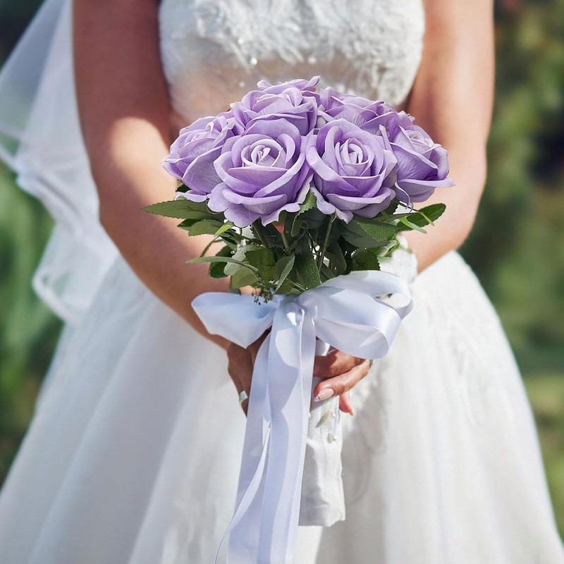 10PCS Artificial Roses Flower with Stems Slik Fake Flowers Light Purple gallery