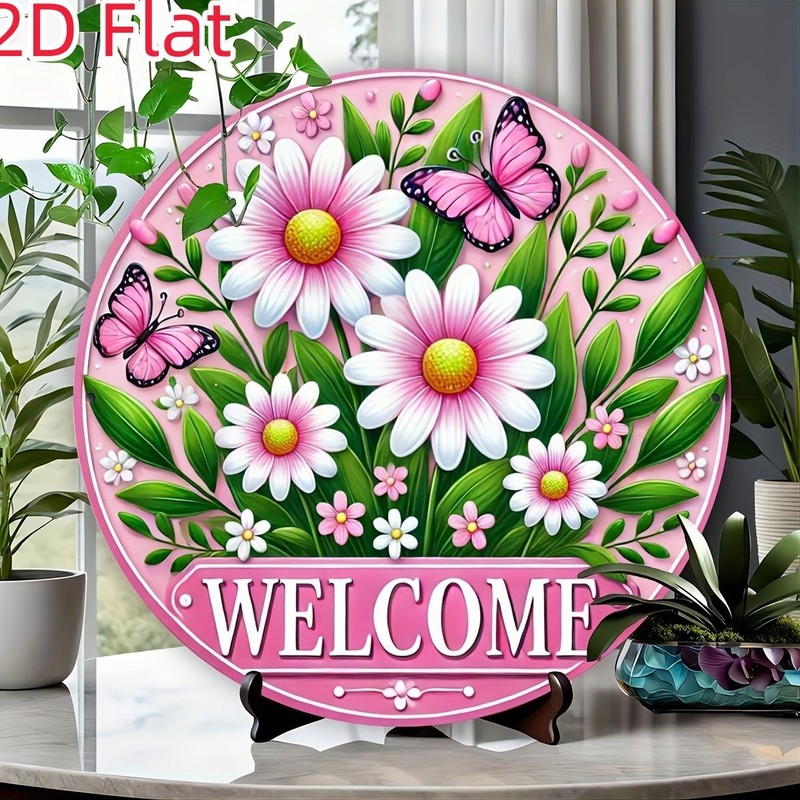 Round Welcome Metal Sign Pink Floral Daisy Butterfly Garden Wall Decoration Gift