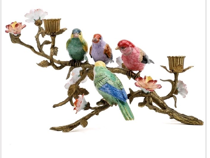 PORCELAIN AND BRONZE ORMOLU MULTI BIRDS SCULPTURE CANDLE HOLDER-16″L