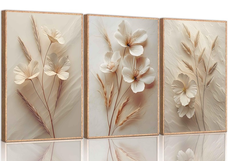 3Pcs Neutral Beige Floral Botanical Poster Wall art Modern Simple Texture Flo…