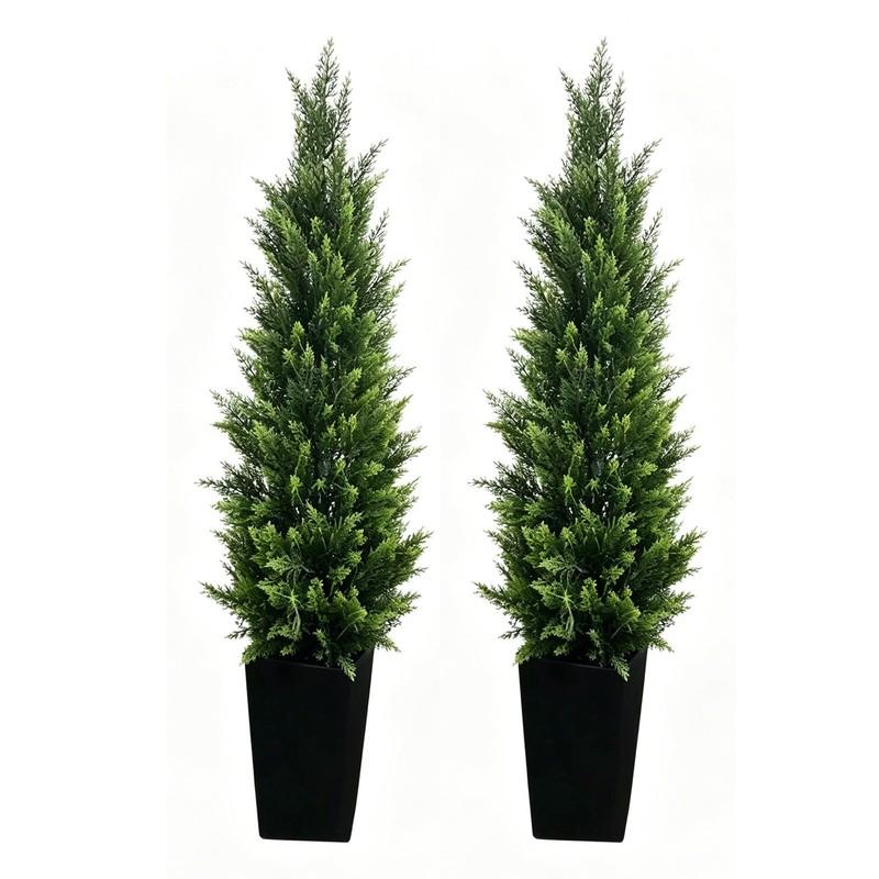 2 Pack 5FT Artificial Cypress Tree with Black Pot, Faux Green Pine Plant