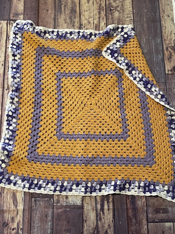 Handmade Afghan Lap Blanket Stadium Bleacher 3×3 Ft Square Purple Yellow White