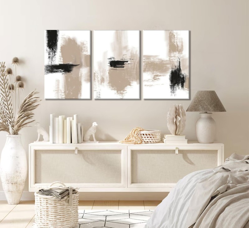 3Pcs Neutral Abstract Canvas Wall Art Black Beige Picture Wall Decor Modern M... gallery