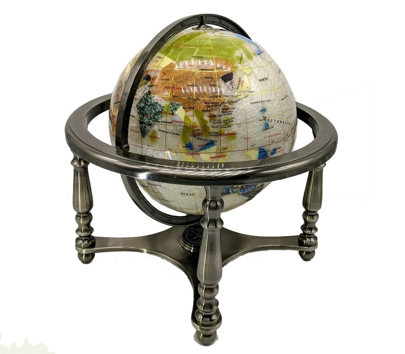14″ Pure Pearl ocean silver 4- leg table stand Gem MOP Gemstone World MAP globe