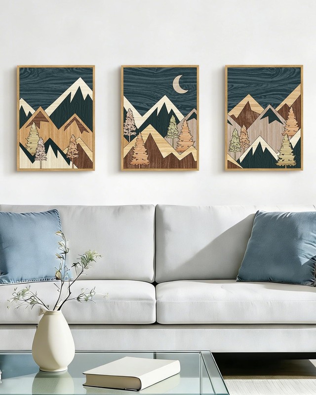 Morden Mountains Framed Wall Art Boho Woodcut Pine Tree Forest Nature Landsca... gallery
