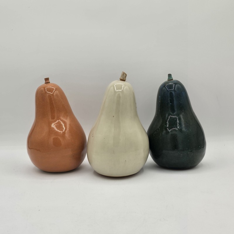 3 Clay Pottery Pears Glazed Decorative Fruit Orange White & Green Made in Italy