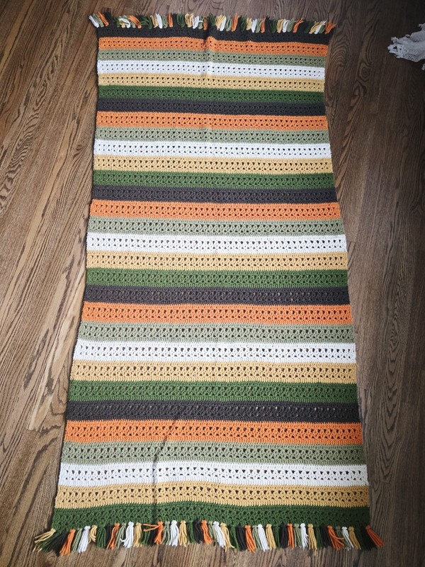 Handmade Striped Crochet Throw Blanket in Orange, Green, Brown & Cream 76″ x 39″