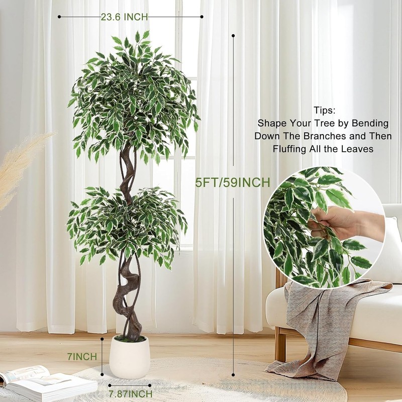 GRAVEE 5ft Artificial Ficus Tree Tall Fake Indoor Plant White Planter Pebbles gallery