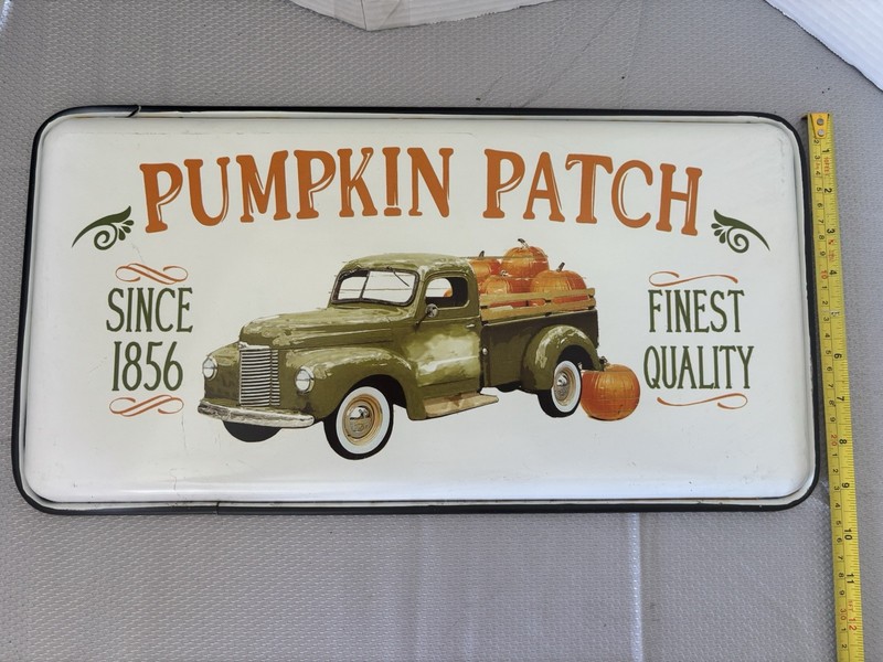 Adorable Rustic Pumpkin Patch & Pickup Tin Sign: Approx 18” X 9.5”, Two Hooks