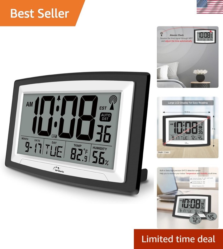 Battery Operated 12.5'' Atomic Digital Clock with Alarm & Auto DST Adjustment