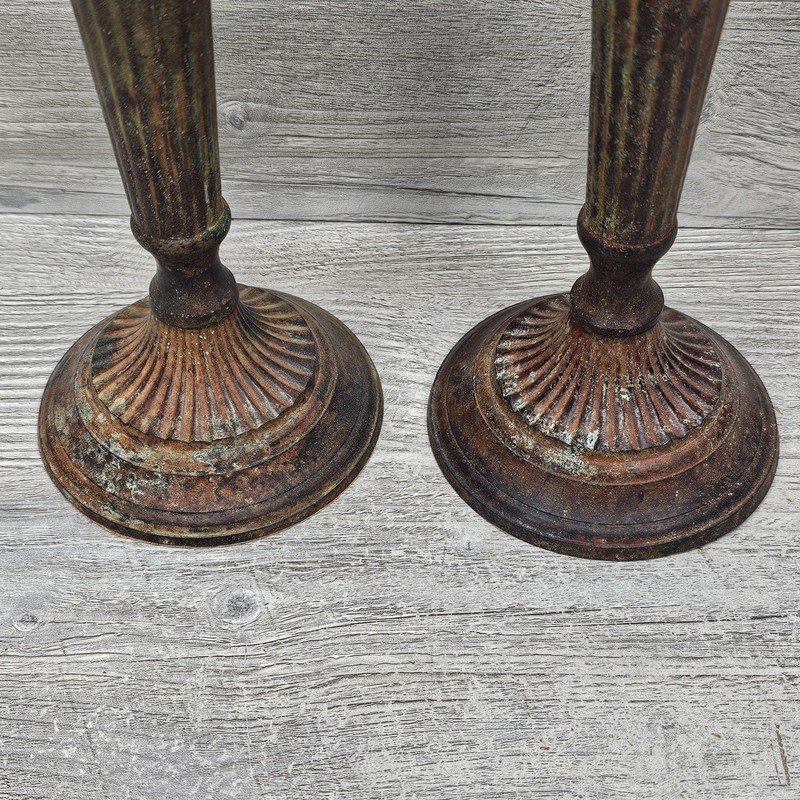 Rustic Brown Metal Candlestick Holders Pair Tall Primitive Taper Candle Decor gallery