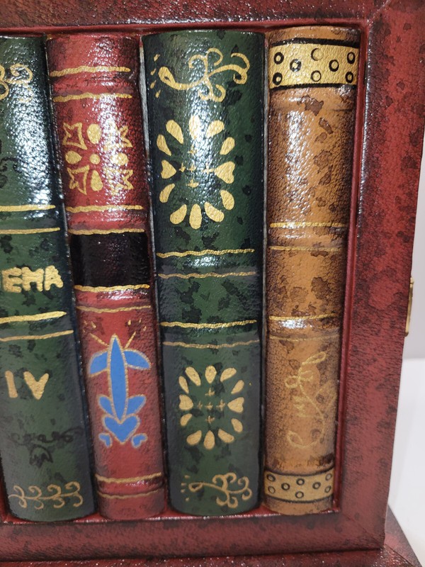 Wood Free Standing Key Holder Storage Box w/ Hooks Shaped Like Books on Bookcase gallery
