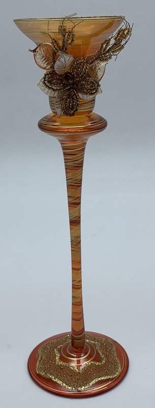 Glass candle holder with flower orange height 24.5 cm used