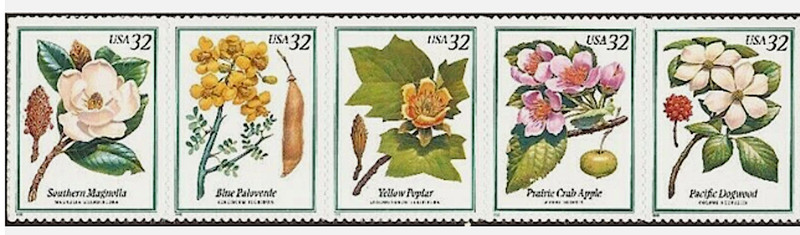 5 FLOWERING TREES STAMPS: Magnolia, Blue Paloverde, Poplar, Crab Apple, Dogwood