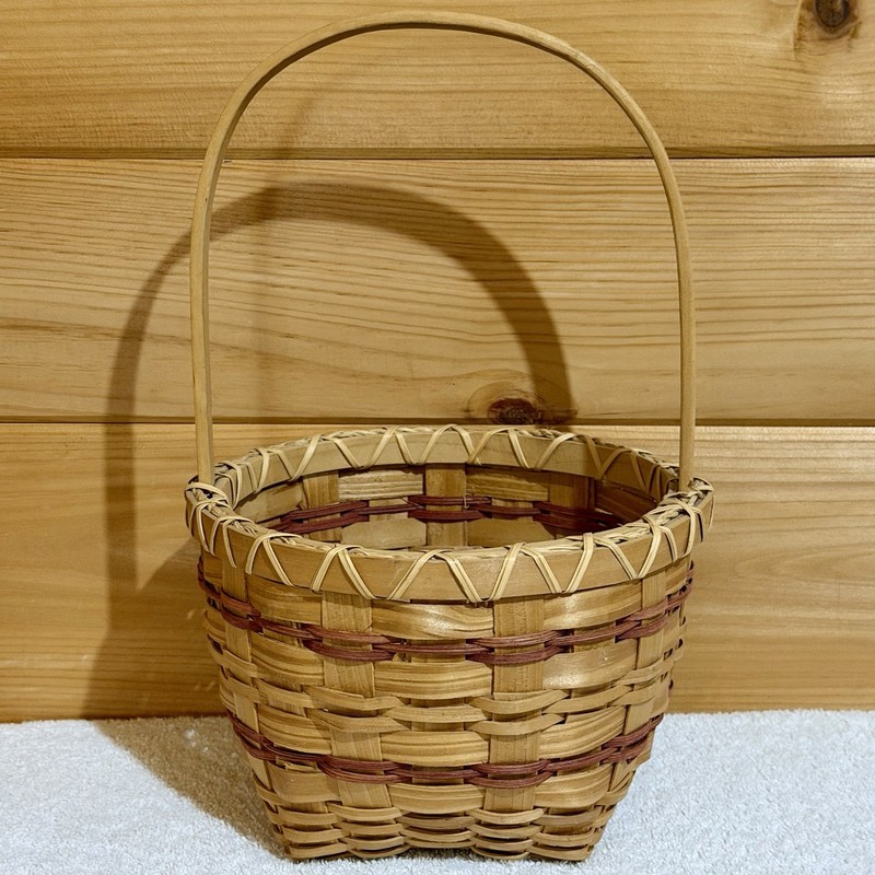 Vtg Longaberger Style Wicker&Wood 2 Tone Basket Country Handle Red Natural Round gallery