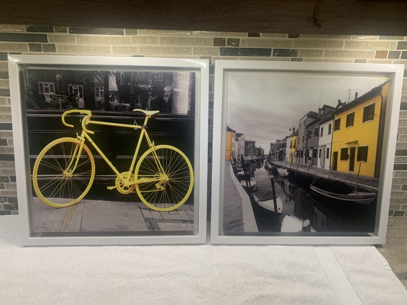 Yellow Bicycle and Canal street Abstract Canvas Framed Print Picture Wall Art